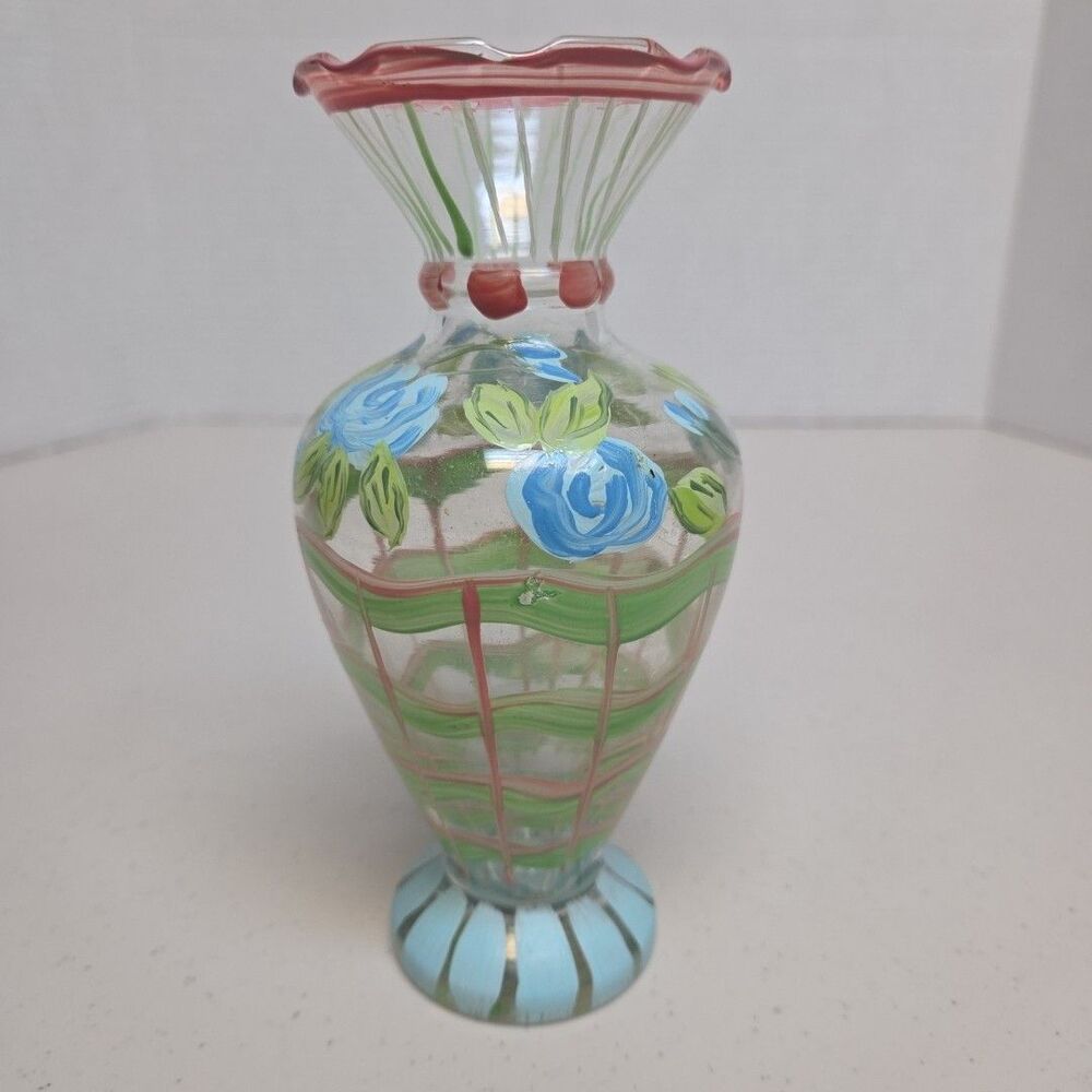 Tracy Porter Hand Painted blown Glass Vase Floral Design Ruffled Top 6.5”